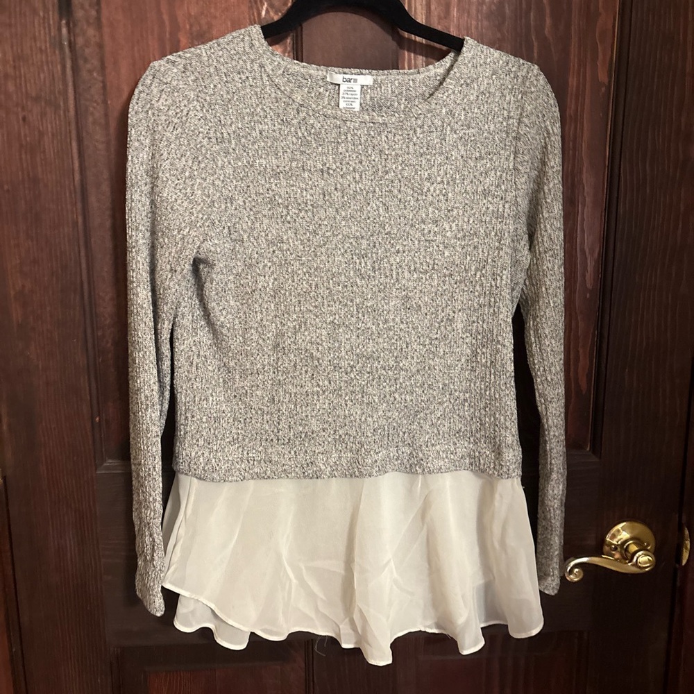 Bar III Gray Knit Top with Cream Chiffon Hem